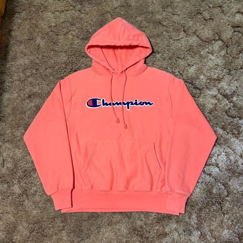 Vintage Champion Reverse Weave Puff Logo Hoodie Pink Medium